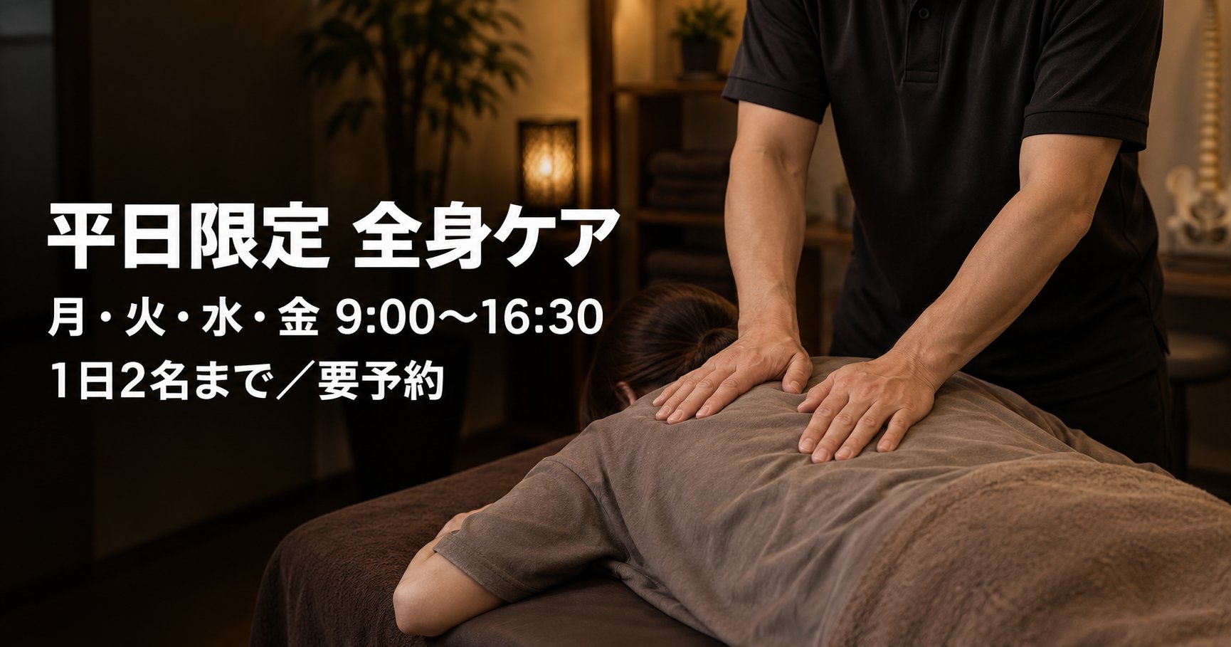 平日限定全身ケア 月・火・水・金 9:00〜16:30 1日2名まで要予約|ホウヤマ鍼灸整骨院